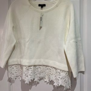 NWT, J. Crew, white lace trimmed sweater.